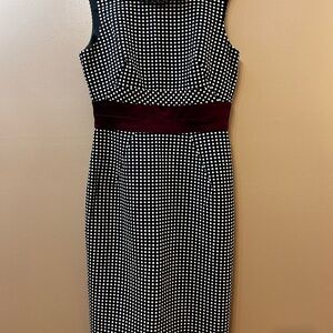 Donna Ricco Black & White Polka Dot Midi Dress with Burgundy Waistband